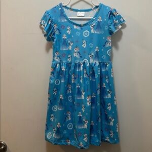 Disney Movie Frozen Blue Kids Dress with Character Print Anna, Elsa & Olaf
